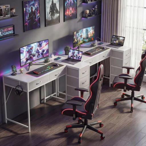 Escritorio Esquinero Reversible con 6 Cajones 126x48 cm con Toma de Corriente Puerto de Carga USB y USB-C Blanco [7]