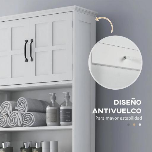 Mueble sobre Inodoro con 2 Puertas Estantes Abiertos y Estante Ajustable Mueble para Baño 66x23x178 cm Blanco [5]