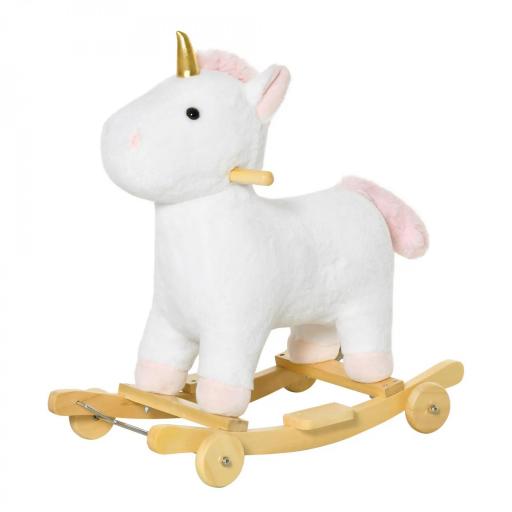 Caballito Balancín Infantil en Forma de Unicornio para Niños de +3 Años Balancín de Felpa 2 en 1 con Ruedas y Sonidos 63x38x63 cm Blanco [7]