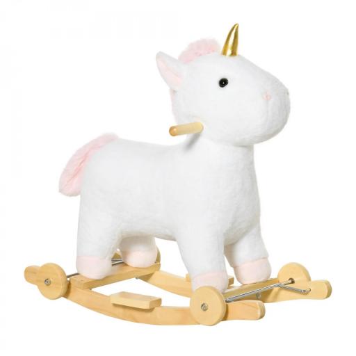 Caballito Balancín Infantil en Forma de Unicornio para Niños de +3 Años Balancín de Felpa 2 en 1 con Ruedas y Sonidos 63x38x63 cm Blanco [1]