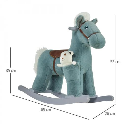 Caballito Balancín para Niños 18-36 Meses Caballo Mecedora Felpa con Osito de Peluche Sonidos de Relincho y Galope Base de Madera 65x26x55 cm Azul [2]
