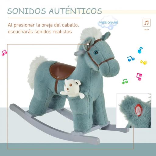 Caballito Balancín para Niños 18-36 Meses Caballo Mecedora Felpa con Osito de Peluche Sonidos de Relincho y Galope Base de Madera 65x26x55 cm Azul [3]