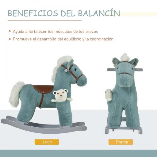 Caballito Balancín para Niños 18-36 Meses Caballo Mecedora Felpa con Osito de Peluche Sonidos de Relincho y Galope Base de Madera 65x26x55 cm Azul [8]