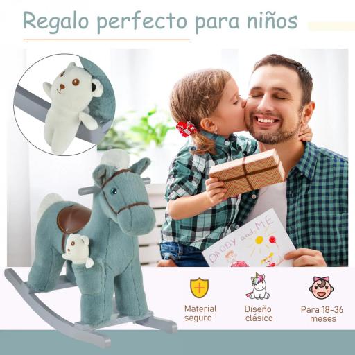 Caballito Balancín para Niños 18-36 Meses Caballo Mecedora Felpa con Osito de Peluche Sonidos de Relincho y Galope Base de Madera 65x26x55 cm Azul [6]