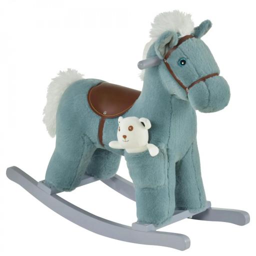 Caballito Balancín para Niños 18-36 Meses Caballo Mecedora Felpa con Osito de Peluche Sonidos de Relincho y Galope Base de Madera 65x26x55 cm Azul [4]