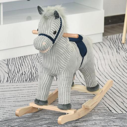 Caballito Balancín Infantil para Niños de +3 Años Caballo Mecedora de Felpa con Sonidos de Relincho y Galope Base de Madera Carga 45 Kg 73x35x64 cm Azul y Rayas Gris
