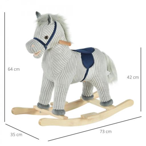 Caballito Balancín Infantil para Niños de +3 Años Caballo Mecedora de Felpa con Sonidos de Relincho y Galope Base de Madera Carga 45 Kg 73x35x64 cm Azul y Rayas Gris [2]