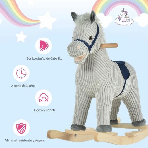 Caballito Balancín Infantil para Niños de +3 Años Caballo Mecedora de Felpa con Sonidos de Relincho y Galope Base de Madera Carga 45 Kg 73x35x64 cm Azul y Rayas Gris [3]