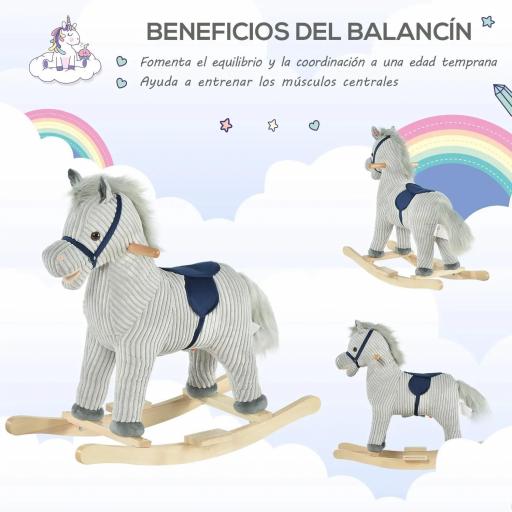 Caballito Balancín Infantil para Niños de +3 Años Caballo Mecedora de Felpa con Sonidos de Relincho y Galope Base de Madera Carga 45 Kg 73x35x64 cm Azul y Rayas Gris [4]