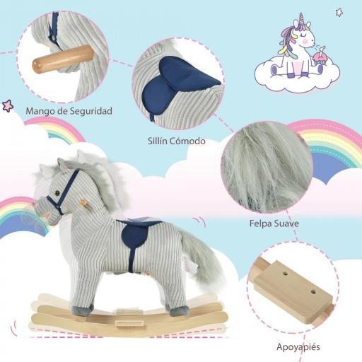 Caballito Balancín Infantil para Niños de +3 Años Caballo Mecedora de Felpa con Sonidos de Relincho y Galope Base de Madera Carga 45 Kg 73x35x64 cm Azul y Rayas Gris [8]