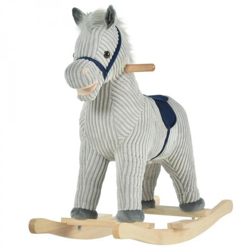 Caballito Balancín Infantil para Niños de +3 Años Caballo Mecedora de Felpa con Sonidos de Relincho y Galope Base de Madera Carga 45 Kg 73x35x64 cm Azul y Rayas Gris [6]