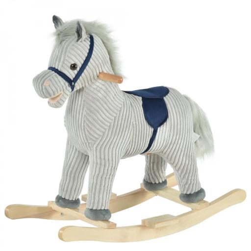 Caballito Balancín Infantil para Niños de +3 Años Caballo Mecedora de Felpa con Sonidos de Relincho y Galope Base de Madera Carga 45 Kg 73x35x64 cm Azul y Rayas Gris [1]