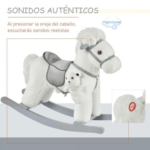 Caballito Balancín con Felpa con Osito de Peluche para Niños 18-36 Meses Caballo Mecedora Sonidos de Relincho y Galope Base de Madera Asiento 35 cm Carga 30 kg 65x26x55 cm Blanco [4]
