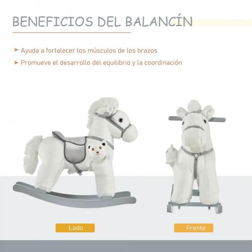 Caballito Balancín con Felpa con Osito de Peluche para Niños 18-36 Meses Caballo Mecedora Sonidos de Relincho y Galope Base de Madera Asiento 35 cm Carga 30 kg 65x26x55 cm Blanco [6]