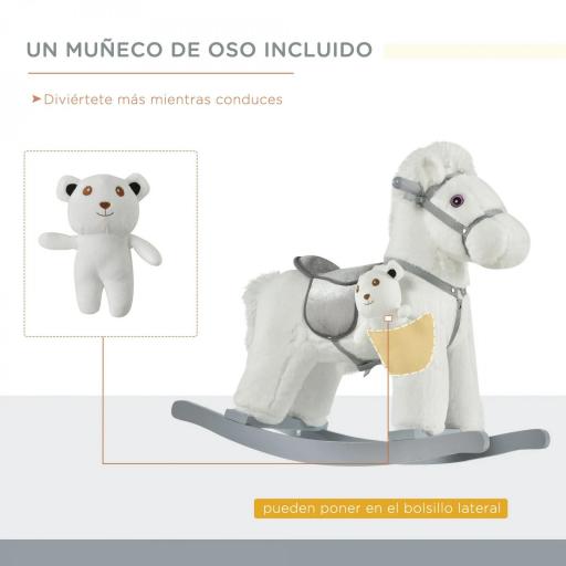 Caballito Balancín con Felpa con Osito de Peluche para Niños 18-36 Meses Caballo Mecedora Sonidos de Relincho y Galope Base de Madera Asiento 35 cm Carga 30 kg 65x26x55 cm Blanco [2]