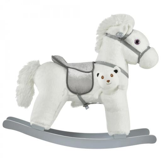 Caballito Balancín con Felpa con Osito de Peluche para Niños 18-36 Meses Caballo Mecedora Sonidos de Relincho y Galope Base de Madera Asiento 35 cm Carga 30 kg 65x26x55 cm Blanco [10]