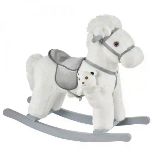 Caballito Balancín con Felpa con Osito de Peluche para Niños 18-36 Meses Caballo Mecedora Sonidos de Relincho y Galope Base de Madera Asiento 35 cm Carga 30 kg 65x26x55 cm Blanco [9]