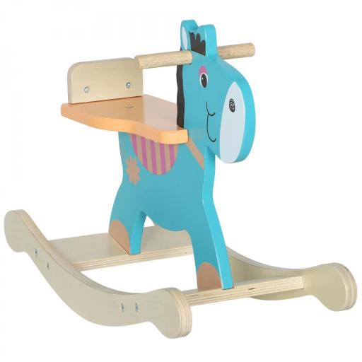 Caballo mecedor con forma de asno para niños con base ancha, en madera, 59x27x43 cm, Verde oscuro y naranja [1]