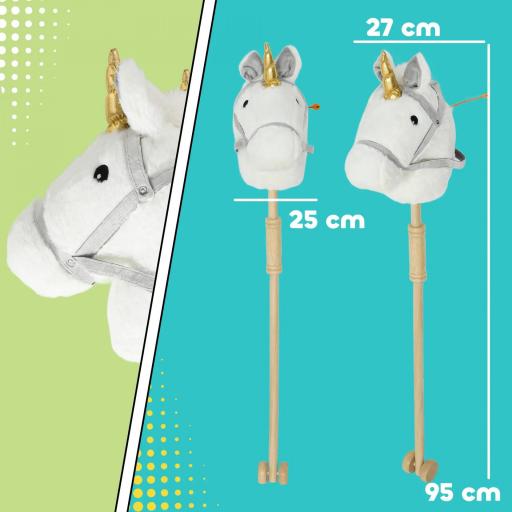 Cabeza de Caballo con Palo de Madera Diseño Unicornio Sonidos y Ruedas Caballo de Juguete 95 cm de Altura Blanco  [2]