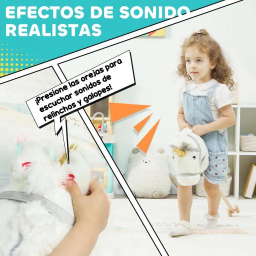 Cabeza de Caballo con Palo de Madera Diseño Unicornio Sonidos y Ruedas Caballo de Juguete 95 cm de Altura Blanco  [4]