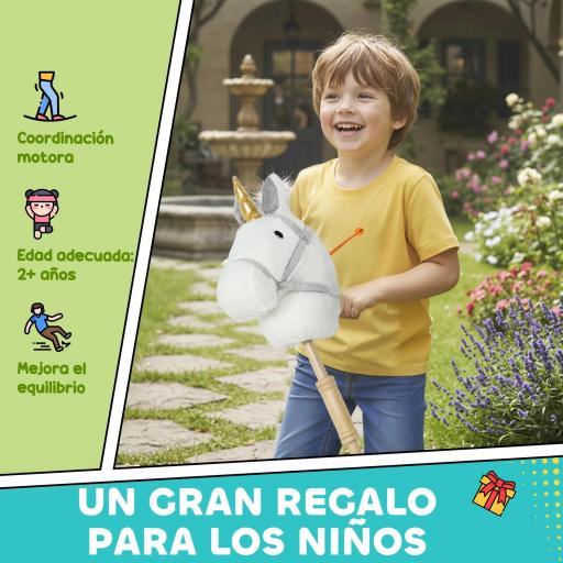 Cabeza de Caballo con Palo de Madera Diseño Unicornio Sonidos y Ruedas Caballo de Juguete 95 cm de Altura Blanco  [5]
