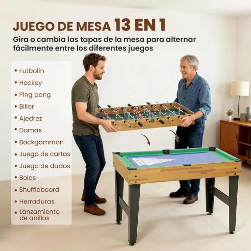 Mesa Multijuegos 13 en 1 con Futbolines para Niños Billar Ping-pong Hockey Ajedrez Damas Backgammon y Accesorios [4]