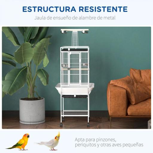 Jaula para Loros con Ruedas Perchas Comederos y Bandeja Extraíble Pajarera para Cacatúas Cotorras 62,5x62,5x156cm Blanco [4]