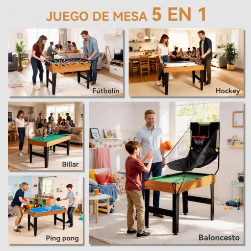 Mesa Multijuegos 5 en 1 con Futbolines para Niños Billar Ping-pong Hockey y Baloncesto 134x108x144 cm Natural y Negro [1]