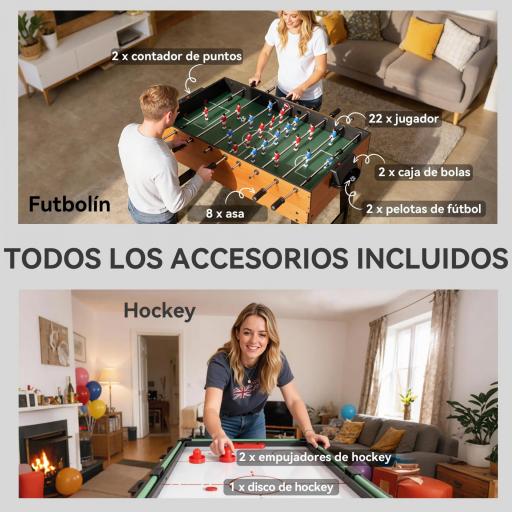 Mesa Multijuegos 5 en 1 con Futbolines para Niños Billar Ping-pong Hockey y Baloncesto 134x108x144 cm Natural y Negro [6]