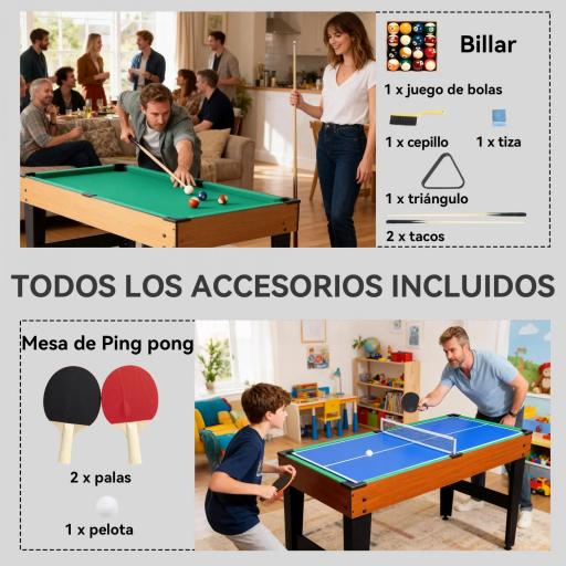 Mesa Multijuegos 5 en 1 con Futbolines para Niños Billar Ping-pong Hockey y Baloncesto 134x108x144 cm Natural y Negro [4]