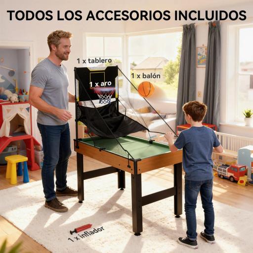 Mesa Multijuegos 5 en 1 con Futbolines para Niños Billar Ping-pong Hockey y Baloncesto 134x108x144 cm Natural y Negro [2]