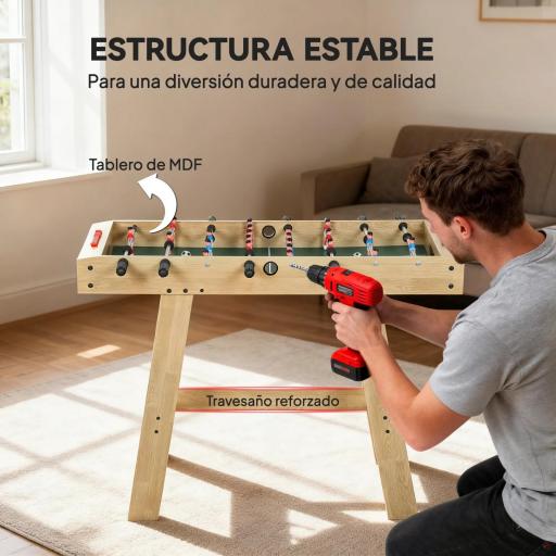 Futbolín para Niños de Madera Mesa de Futbolín con 2 Marcadores 8 Asas y 22 Jugadores 114x78x88 cm Natural [6]