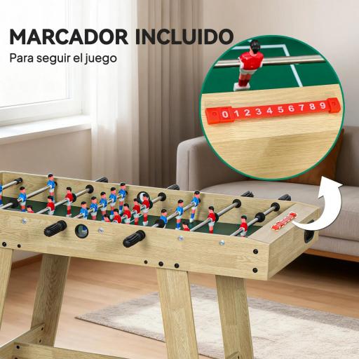 Futbolín para Niños de Madera Mesa de Futbolín con 2 Marcadores 8 Asas y 22 Jugadores 114x78x88 cm Natural [2]