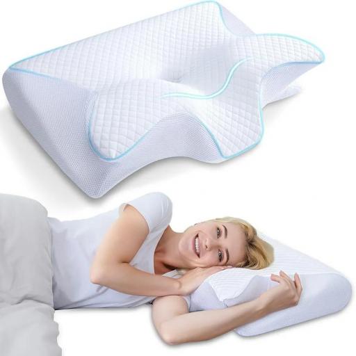 Almohada Cervical, 2 en 1 Almohada Ergonómico Espuma de Memoria Almohada para Soporte de Cabeza/Cuello/Hombro, Relajación y Alivio del Estrés, 60x40x12/14cm