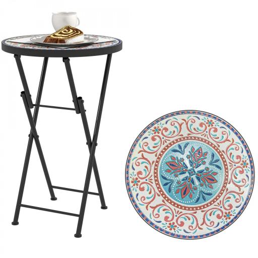Mesa Auxiliar Redonda de Jardín Plegable con Encimera de Mosaico y Almohadillas Antideslizantes Ø35,5x55 cm Multicolor [9]