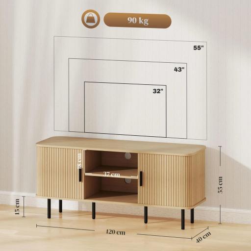 Mesa de TV con 2 Puertas Correderas Tipo Persiana 2 Estantes Abiertos para Televisores de 55 Pulgadas 120x40x55 cm Roble [1]