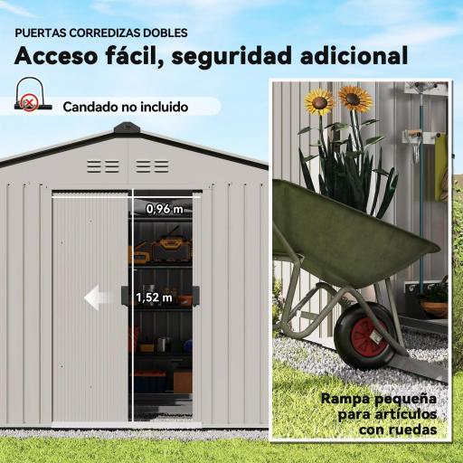 Cobertizo de Jardín 4,9 m² 277x195x192 cm con 2 Puertas Corredizas Techo Inclinado y 4 Ventanas Gris Plata [4]