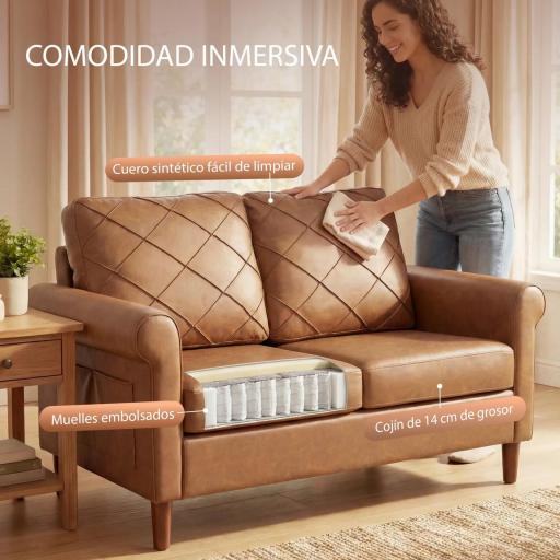 Sofá de 2 Plazas de PU con Patas de Madera Respaldo con Costuras Sofá Moderno para Salón Dormitorio Marrón [6]