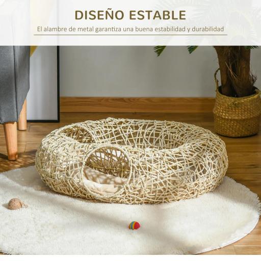 Cama para Gatos de Ratán 78x69x22 cm Cesta para Gatos Rolliza con Cojín Suave 3 Orificios de Acceso Túnel para Gatos Madera Natural [2]