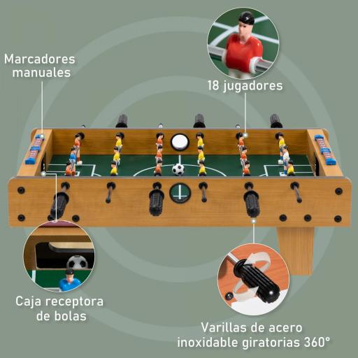 Futbolín de Mesa de Madera con 6 Varillas 2 Marcadores de Puntos y 18 Jugadores para +6 Años 69x36,5x22cm Natural [2]