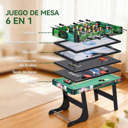 Mesa Multijuegos para Niños de +7 Años 6 en 1 Plegable Billar Futbolín Ping-Pong 118x104x71 cm Multicolor [4]