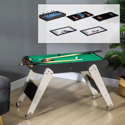 Mesa Multijuegos 6en1 para Niños de +7 Años con Ruedas Billar Futbolín Ping-Pong Anillas Hockey 120x88x79cm Negro