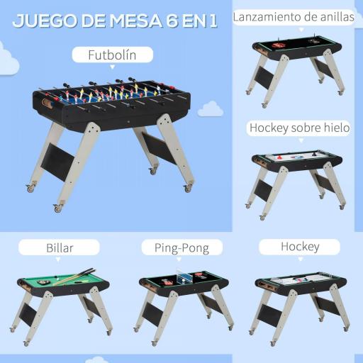 Mesa Multijuegos 6en1 para Niños de +7 Años con Ruedas Billar Futbolín Ping-Pong Anillas Hockey 120x88x79cm Negro [4]