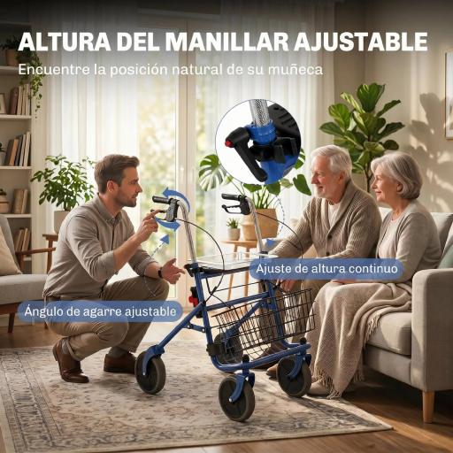 Andador para Ancianos Plegable con Asiento 4 Ruedas Altura Ajustable Frenos de Maneta Cesta Bandeja Porta Bastón Azul [7]