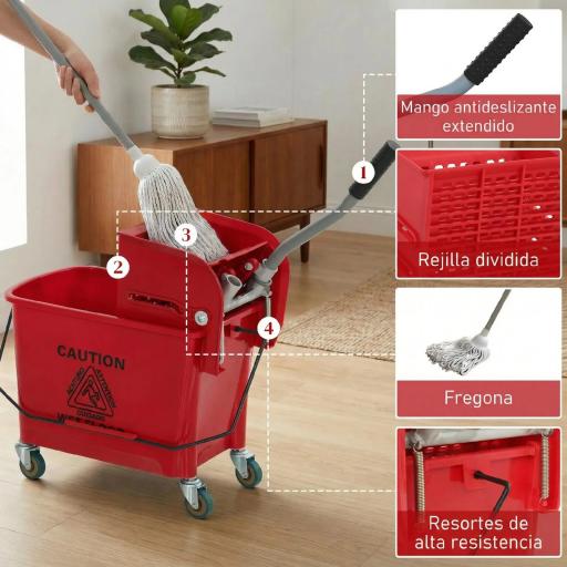 Cubo de Fregar con Escurridor Panel Separador y Ruedas Capacidad 20L para Limpieza Doméstica 45x26,5x70 cm Rojo [6]