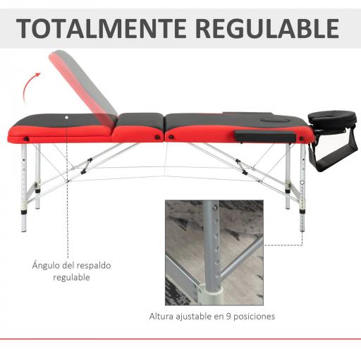 Camilla Masaje Plegable, Camilla Estética Profesional de Aluminio con Altura Ajustable, 3 Zonas, Reposacabezas, Reposabrazos, para Tatuaje, Fisioterapia, Negro y Rojo [2]