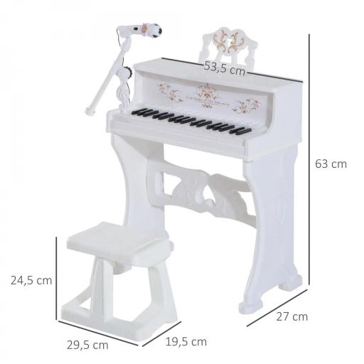 Piano Electrónico Infantil de 37 Teclas Juego de Piano con Modelo Pedagógico Micrófono Taburete Luces y 22 Canciones USB/MP3/Bluetooth Karaoke 53,5x27x63 cm Blanco [1]
