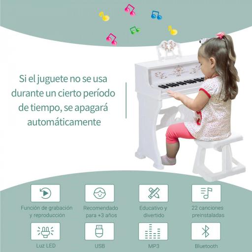 Piano Electrónico Infantil de 37 Teclas Juego de Piano con Modelo Pedagógico Micrófono Taburete Luces y 22 Canciones USB/MP3/Bluetooth Karaoke 53,5x27x63 cm Blanco [4]