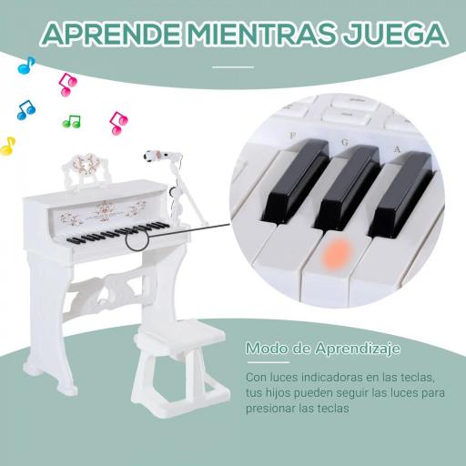 Piano Electrónico Infantil de 37 Teclas Juego de Piano con Modelo Pedagógico Micrófono Taburete Luces y 22 Canciones USB/MP3/Bluetooth Karaoke 53,5x27x63 cm Blanco [2]