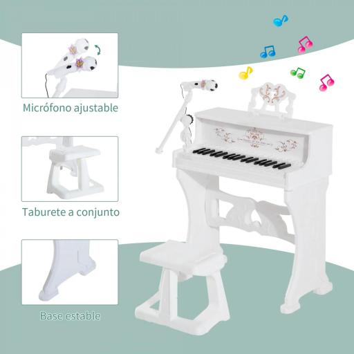 Piano Electrónico Infantil de 37 Teclas Juego de Piano con Modelo Pedagógico Micrófono Taburete Luces y 22 Canciones USB/MP3/Bluetooth Karaoke 53,5x27x63 cm Blanco [3]